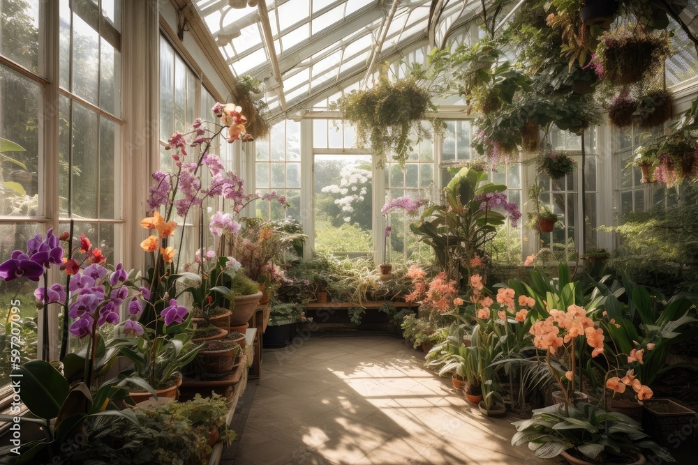 view of greenhouse filled with orchids, exotic blooms and fragrant scents, created with generative ai
