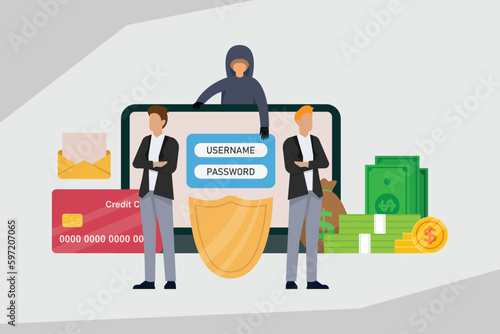 Hacker stealing password out of a laptop guarded by security guards 2d vector illustration concept for banner, website, illustration, landing page, flyer, etc