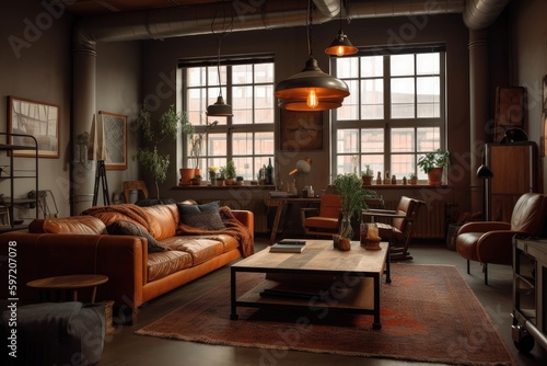 cozy living room in industrial style, with warm colors and leather sofas, created with generative ai