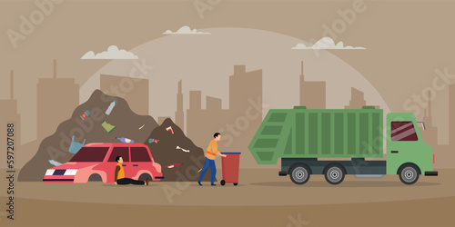 Garbage truck dumping rubbish 2d vector illustration concept for banner, website, illustration, landing page, flyer, etc