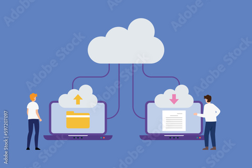 Business people working with cloud computing 2d vector illustration concept for banner, website, illustration, landing page, flyer, etc