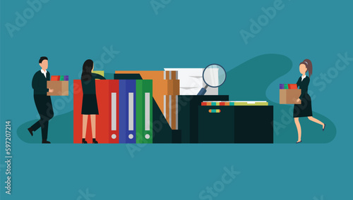 People taking documents from shelves, using magnifying glass and searching files 2d vector illustration concept for banner, website, illustration, landing page, flyer, etc