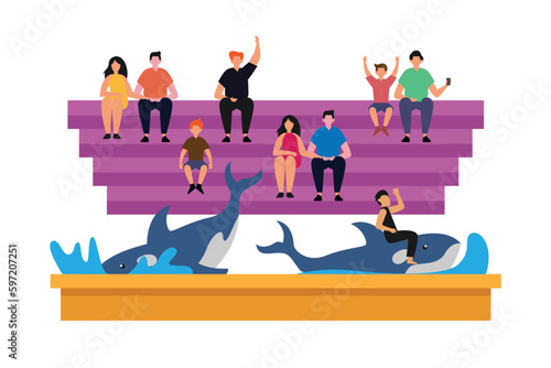 People watching dolphin show 2d vector illustration concept for banner, website, illustration, landing page, flyer, etc