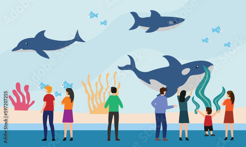 Young people with teacher looking on sea and ocean fauna in aquarium 2d vector illustration concept for banner, website, illustration, landing page, flyer, etc