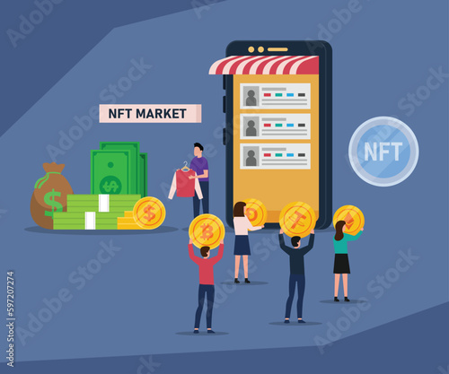Buy and sell NFT Market on a cellphone 2d vector illustration concept for banner, website, illustration, landing page, flyer, etc
