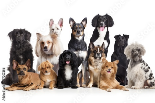 group of dogs with diverse breeds, sizes, and colors looking at the camera, created with generative ai © Alfazet Chronicles