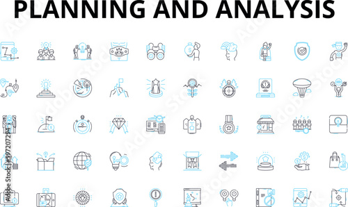 Planning and analysis linear icons set. Strategy, Forecasting, Optimization, Research, Assessment, Evaluation, Brainstorming vector symbols and line concept signs. Implementation,Resource allocation