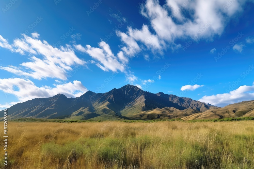 majestic mountain landscape with clear blue skies and fluffy clouds, created with generative ai