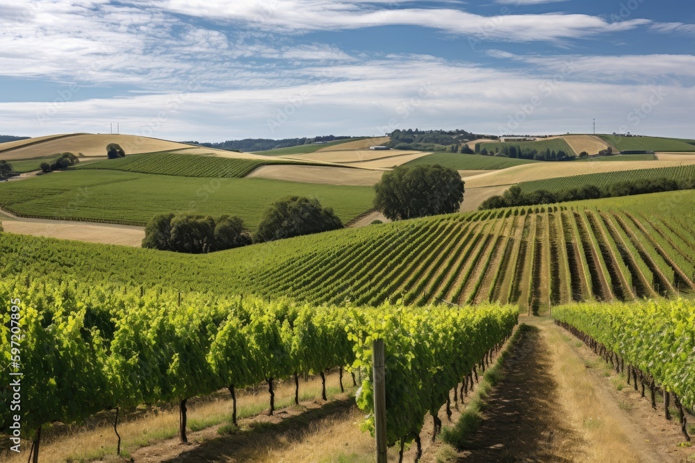 vineyard with rows of grapevines and rolling hills in the background, created with generative ai