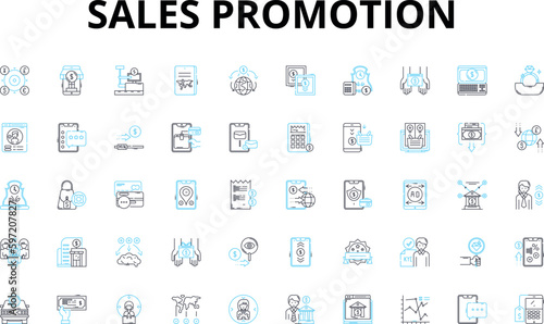 Sales promotion linear icons set. Discount, Clearance, Sale, Rebate, Coupon, Freebie, BOGO vector symbols and line concept signs. Sweepstakes,Contest,Offer illustration