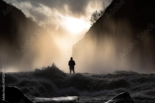 dramatic waterfall scene with person standing in the foreground, silhouetted against the rushing water, created with generative ai