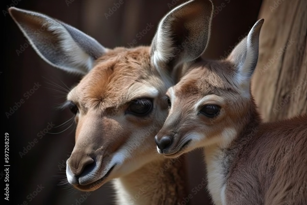 Obraz premium kangaroo mother and child in close embrace, with the young kangaroo's head visible, created with generative ai