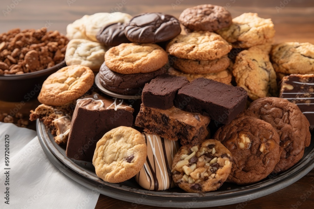 platter of mouthwatering cookies, brownies, and other baked goods, created with generative ai