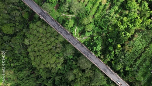 Top down aerial spinning view of large bridge from height, green tropical plants at bottom of ravine. Straight perspective of Jembatan Tukad Bangkung, only few vehicles ride by at empty road photo