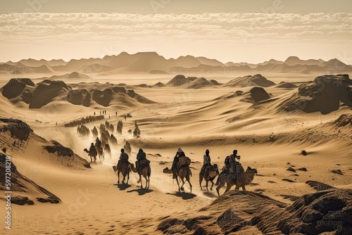 nomadic tribe traveling across vast  desert landscape  created with generative ai