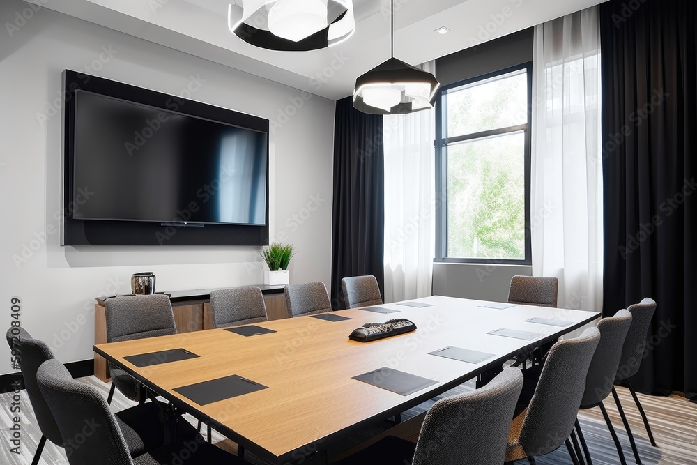 Fototapeta premium modern meeting room with sleek furniture, windows, and projector screen, created with generative ai