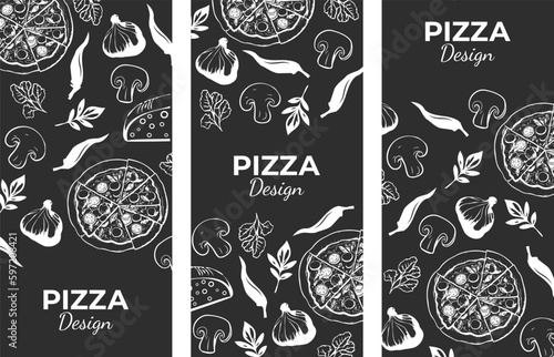 Vector drawing in vintage style, pizza, tomato, pepper, cheese. Pizza banner template design. Design elements.