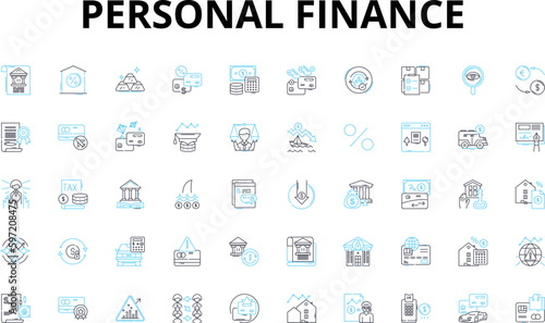 Personal finance linear icons set. Budgeting, Savings, Investment, Expenses, Credit, Debt, Retirement vector symbols and line concept signs. Insurance,Planning,Goals illustration