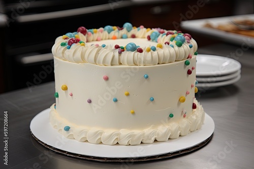 classic layer cake with smooth buttercream frosting and fondant accents, created with generative ai