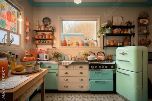 lofie kitchen, with vintage appliances and colorful accessories, created with generative ai