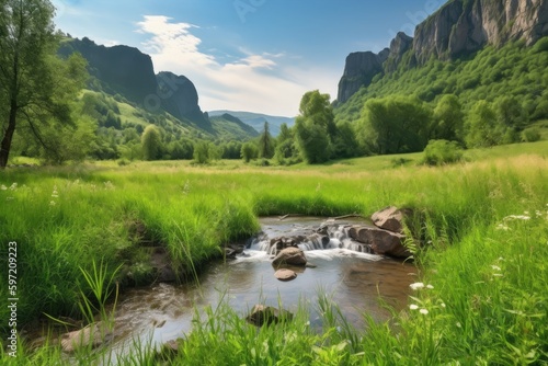 Fényképezés peaceful meadow with brook and waterfall, surrounded by mountains, created with