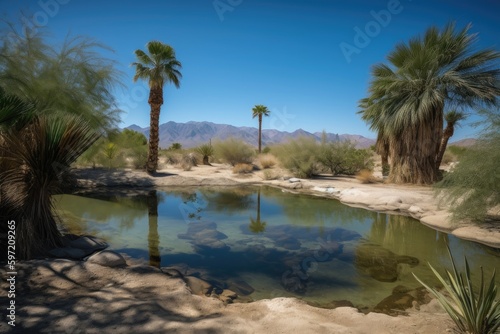desert oasis, with view of distant mountain range and clear blue sky, created with generative ai