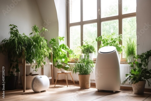 air purifier, surrounded by greenery and sunlight, in modern interior, created with generative ai