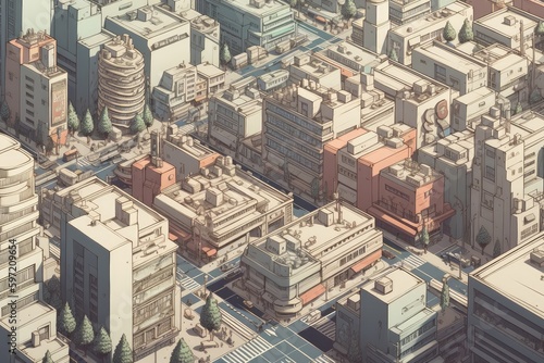 isometric view of bustling metropolis, with tall buildings and busy streets, created with generative ai