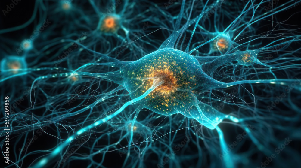 Fototapeta premium neuron cells in brain, nervous system connection. Generative AI