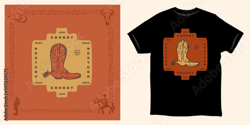 Cowboy boot in retro vintage style design t-shirt print