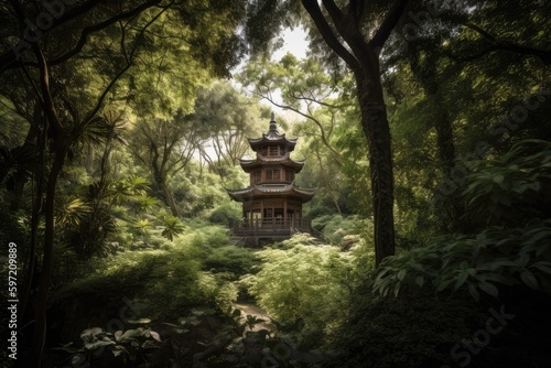 peaceful scene of a pagoda surrounded by lush greenery, with sunlight filtering through the trees, created with generative ai