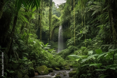 majestic waterfall cascading into lush jungle valley  created with generative ai