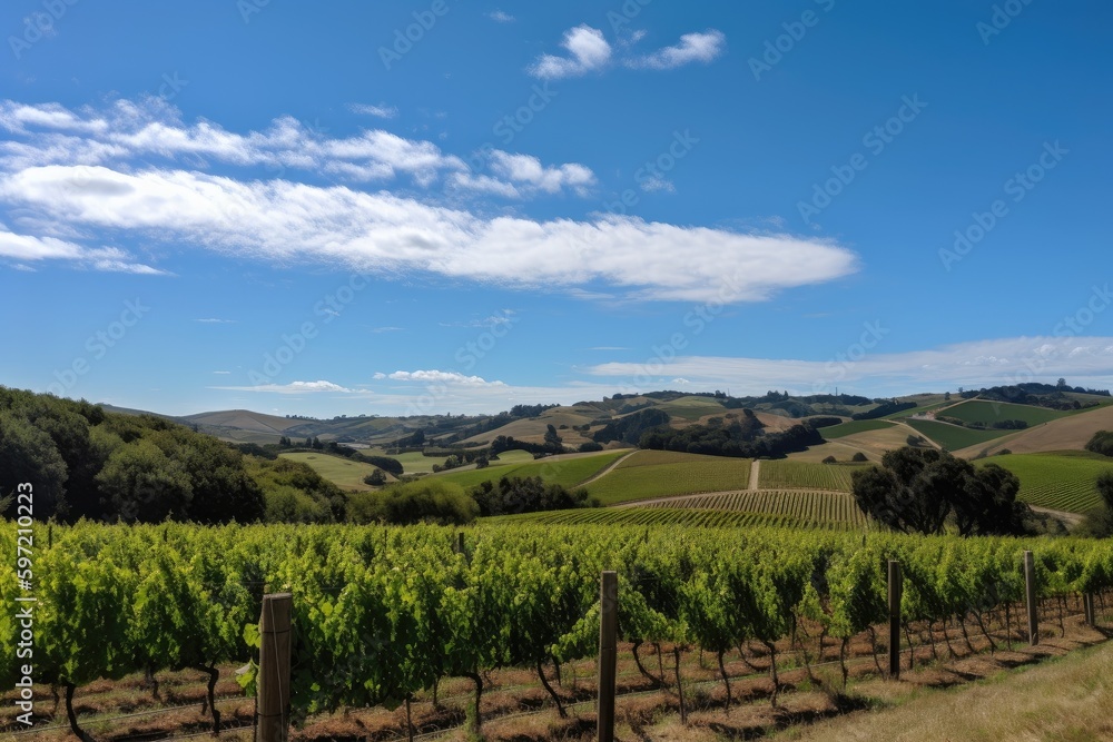vineyard with rolling hills and blue sky in the background, created with generative ai