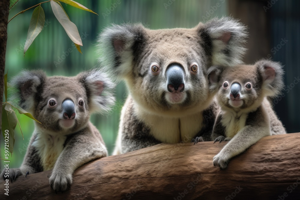 Obraz premium koala family of three, mother and two young ones, created with generative ai
