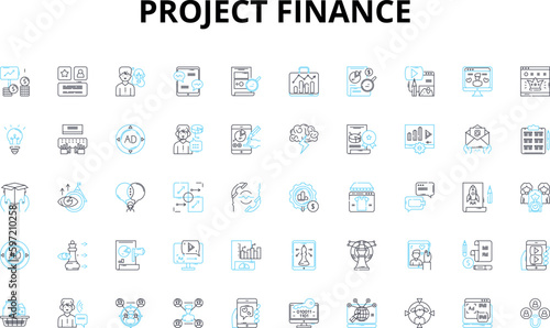 Project finance linear icons set. Funding, Investment, Capital, Risk, Debt, Equity, Cashflow vector symbols and line concept signs. Infrastructure,Renovation,Lending illustration
