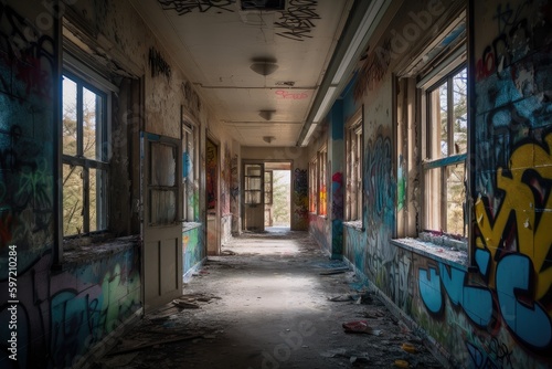 graffiti sprayer artist bringing vibrant colors and artwork to derelict hospital, created with generative ai