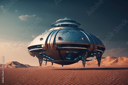 futuristic spaceship landing on alien planet, with advanced technology and futuristic design, created with generative ai