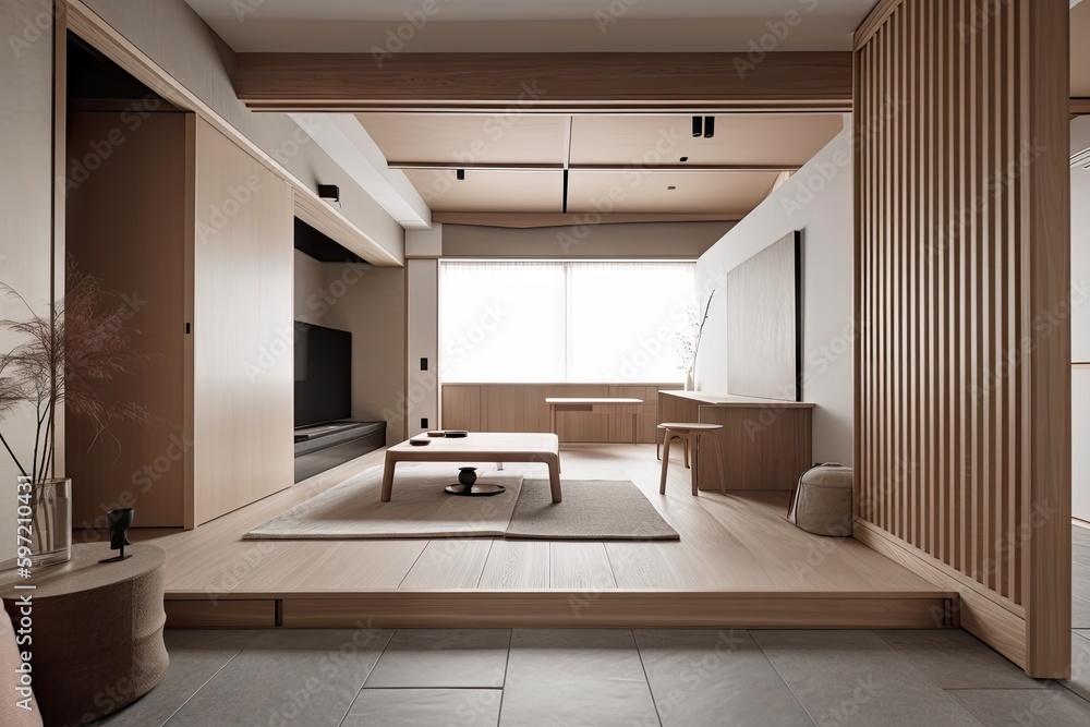 japanese style interior with minimalist lines and simple design elements, created with generative ai japanese style interior with minimalist lines and simple design elements, created with generative ai