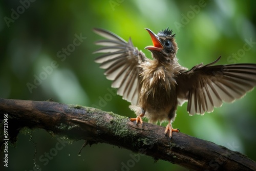 baby bird taking its first flight, spreading its wings, created with generative ai