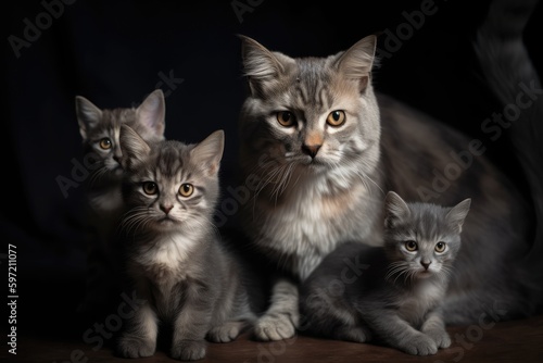 cat family, with the mother cat surrounded by her kittens, looking at the camera, created with generative ai