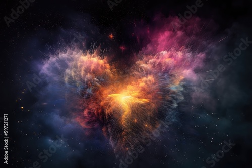 close-up of a nebula heart, with bursts of colorful light and stars in the background, created with generative ai