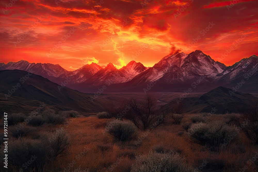 majestic mountain range against a fiery sunset sky, created with generative ai