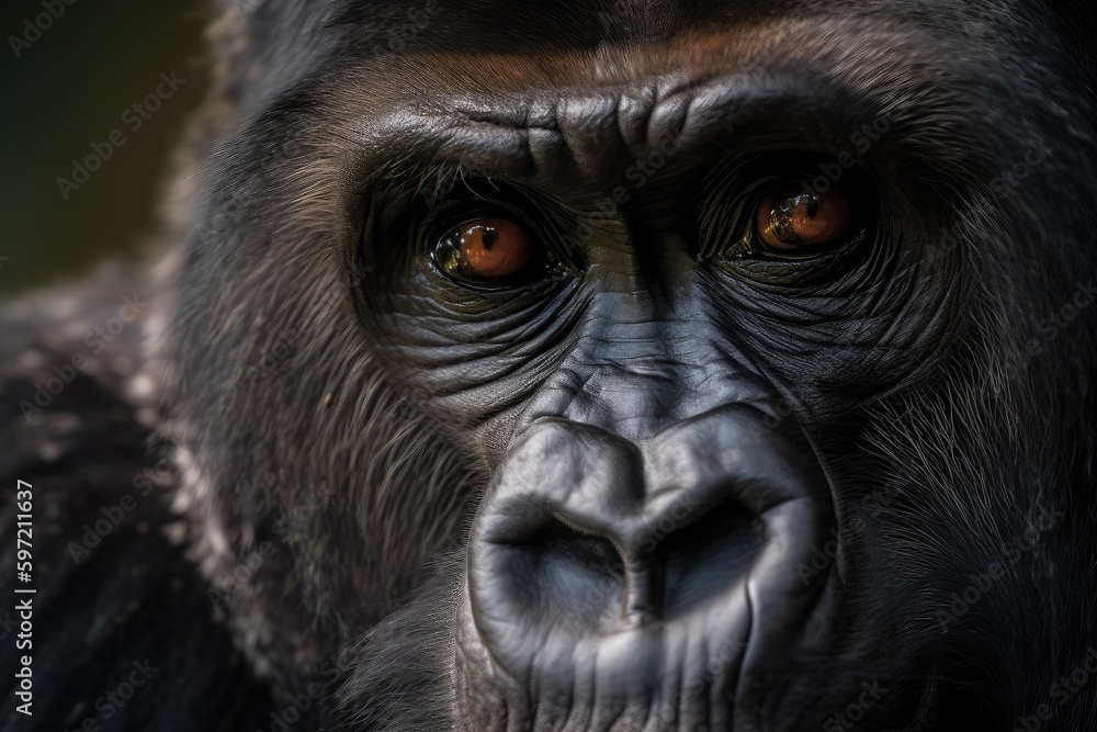 gorilla, with close-up of its face and eyes, looking majestic and powerful, created with generative ai