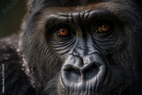 gorilla, with close-up of its face and eyes, looking majestic and powerful, created with generative ai