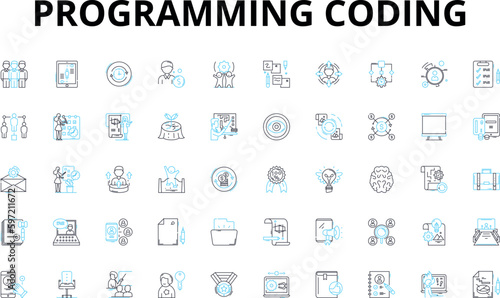 Programming coding linear icons set. Syntax, Algorithms, Debugging, Variables, Loops, Functions, Classes vector symbols and line concept signs. Libraries,Platforms,Development illustration photo