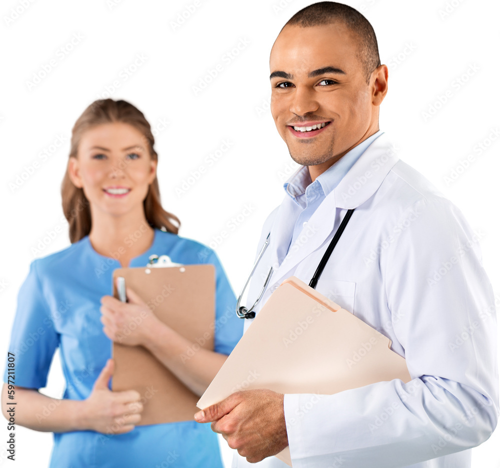 Male doctor with female nurse in the clinic Male doctor with female nurse in the clinic