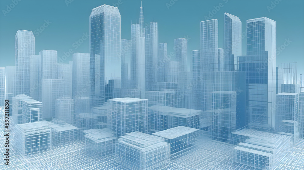 A futuristic city with a light blue sky and a white cityscape. Digital twin technology. Generative AI