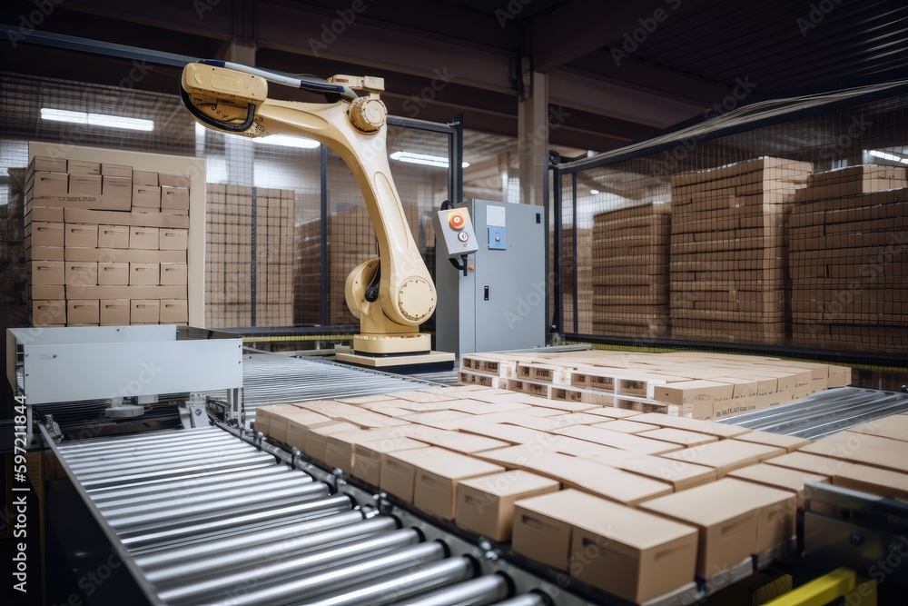 palletizing robot loading crates onto conveyor belt for further ...