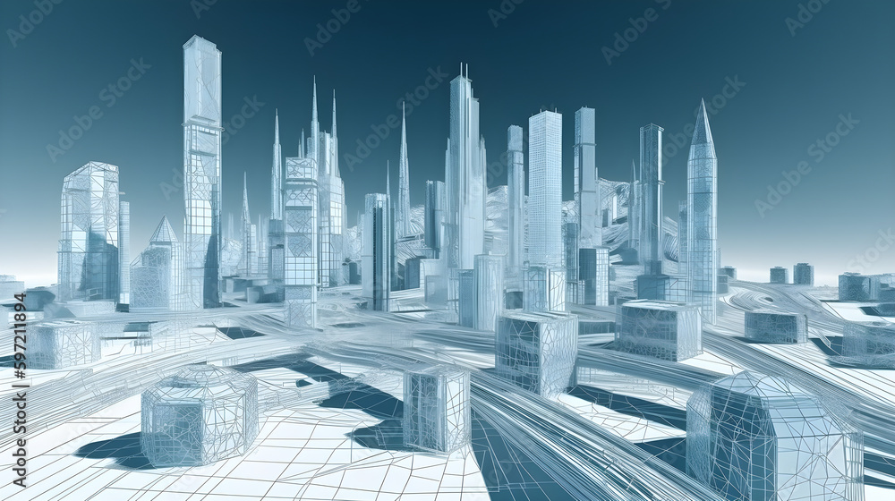 A futuristic city with a blue background and a white cityscape. Digital twin technology. Generative AI