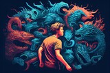 person, surrounded by monsters of their own making, fighting for mental clarity, created with generative ai